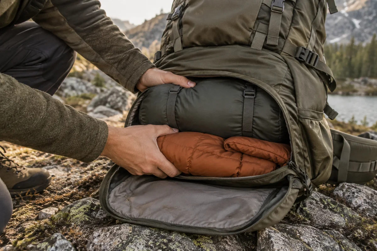 Nahaufnahme eines Rucksack-Bodenfachs, in das ein komprimierter Schlafsack und eine gepackte Daunenjacke flach eingeschoben