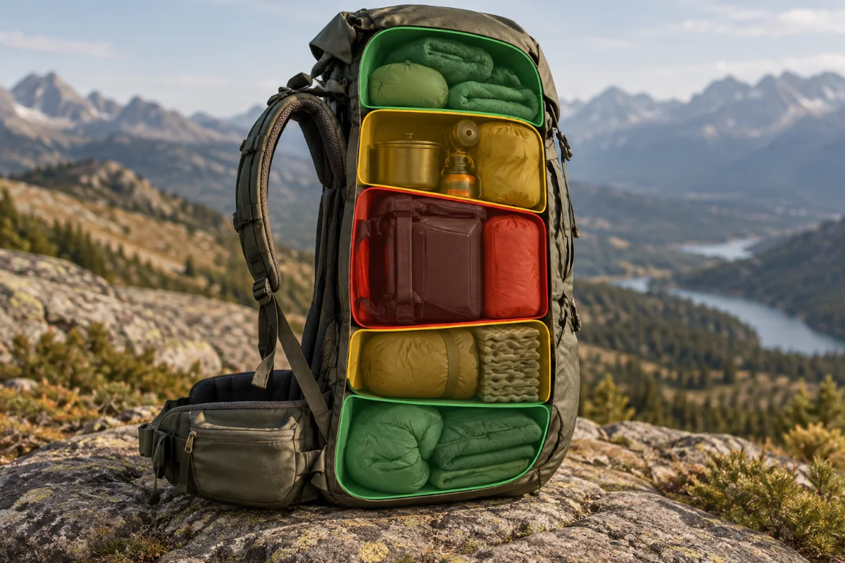Schematischer Querschnitt eines gepackten Wanderrucksacks mit farblich markierten Zonen für schwere, mittelschwere und