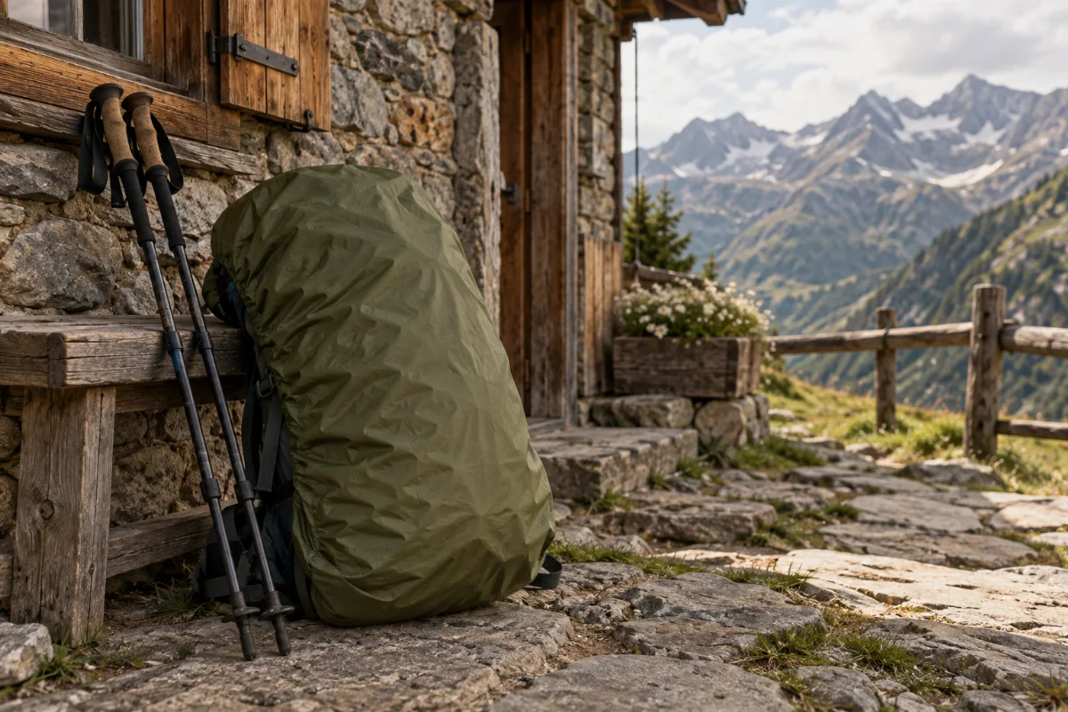 Fertig gepackter und verschlossener Mehrtagesrucksack mit Regenhülle, abgestellt vor einer Alpenhütte, Wanderstöcke daneben