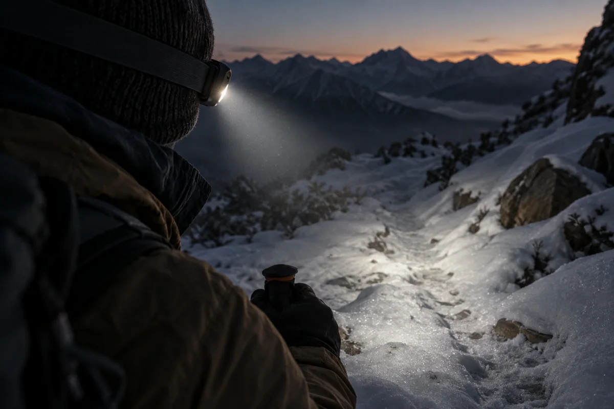 Nahaufnahme einer eingeschalteten Stirnlampe im Morgendunkel, Lichtkegel auf einem schneebedeckten Weg