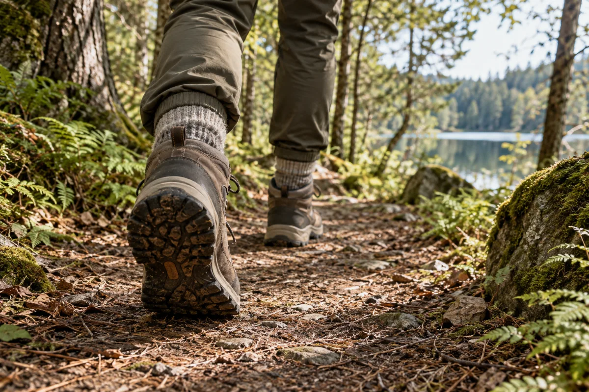 Person mit neuen Wanderschuhen und Wandersocken geht einen ebenen, kurzen Waldweg entlang, helles Tageslicht, Fokus auf