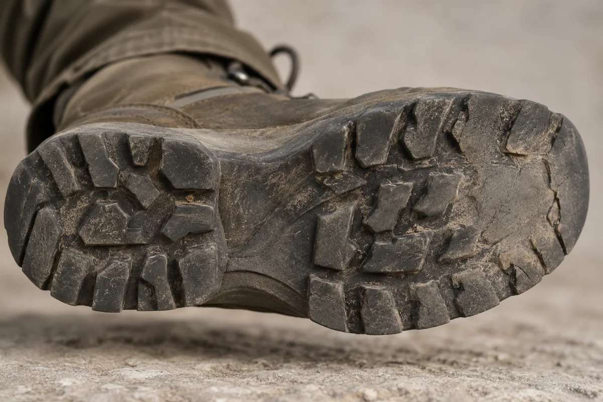 Detailaufnahme einer Wanderschuhsohle von unten mit deutlich sichtbarem Profilverschleiß, neutraler Hintergrund