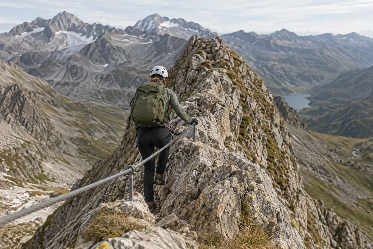 Schmaler, gesicherter Felsgrat mit Drahtseil, Person mit Rucksack und Helm im Mittelgrund, sachliche Alpenkulisse ohne