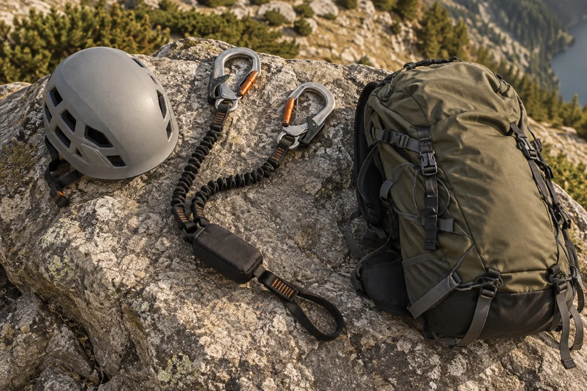 Ausgebreitete Ausrüstung auf einem Felsblock: Helm, Klettersteigset und Rucksack, Aufsicht, neutraler Hintergrund ohne