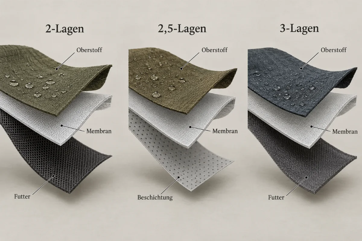 Technische Illustration im Querschnitt: drei Varianten eines Jackenstoffs (2-Lagen, 2,5-Lagen, 3-Lagen-Laminat) mit
