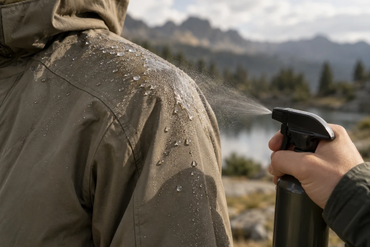 Nahaufnahme: Wasser wird aus einer Sprühflasche auf eine Jackenschulter gesprüht, Tropfen perlen teils ab und bilden teils